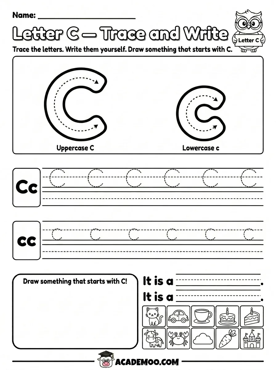 Letter C Trace and Write worksheet — pre-k language arts printable PDF · Free printable letter c trace and write worksheet for Pre-K.