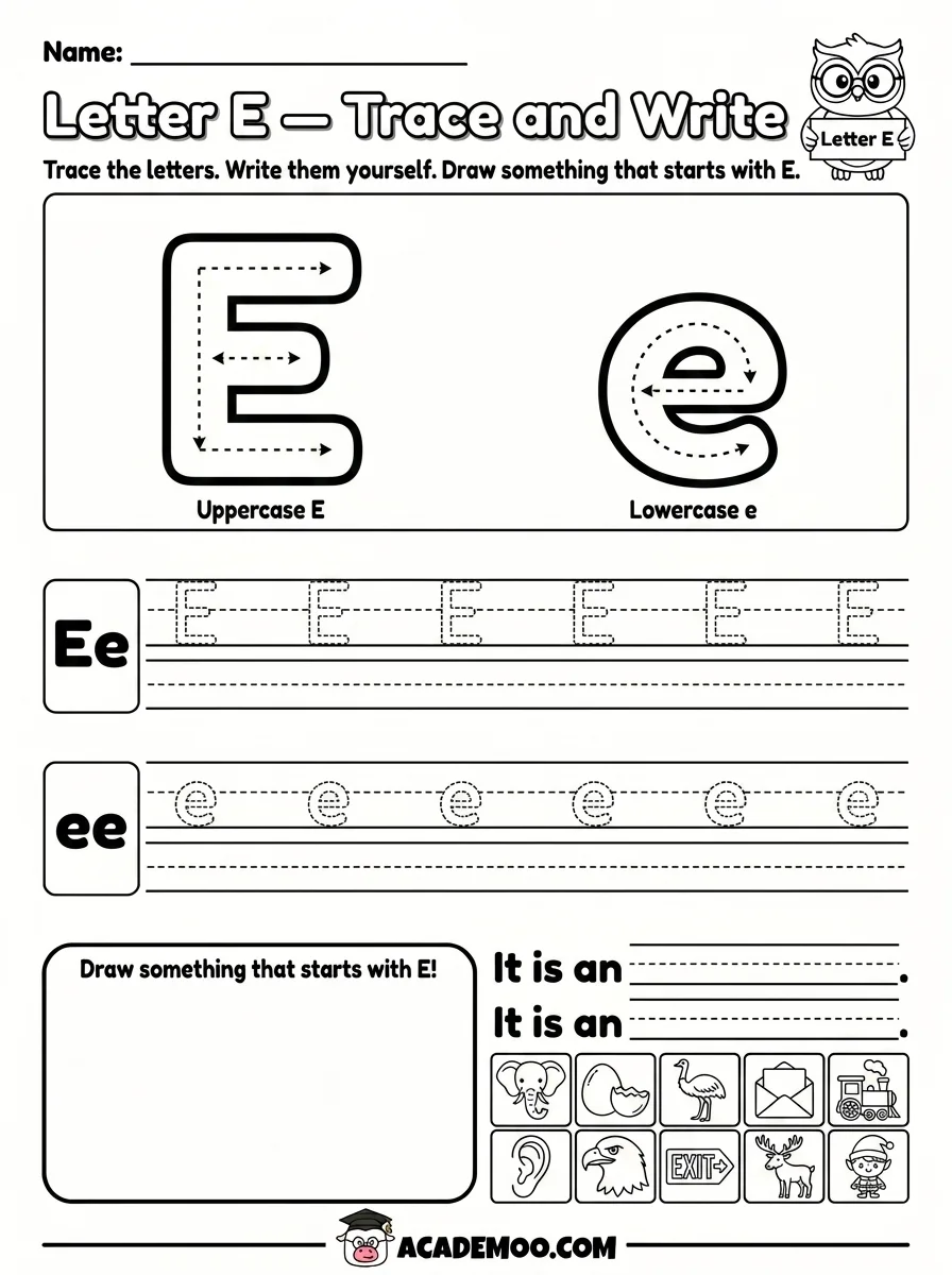 Letter E Trace and Write worksheet — pre-k language arts printable PDF · Free printable letter e trace and write worksheet for Pre-K.