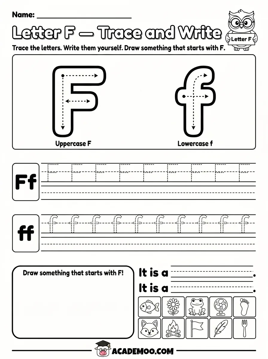 Letter F Trace and Write worksheet — pre-k language arts printable PDF · Free printable letter f trace and write worksheet for Pre-K.