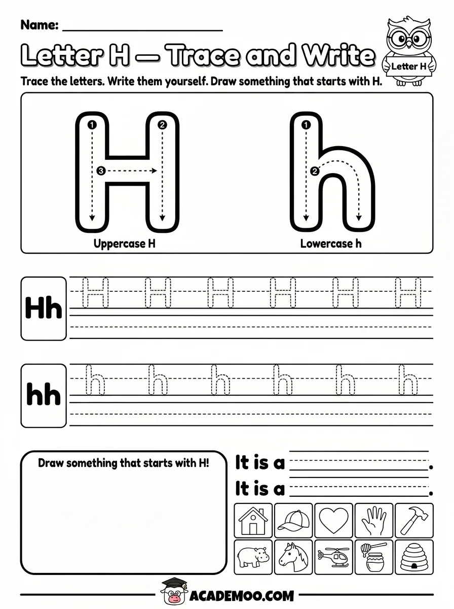 Letter H Trace and Write worksheet — pre-k language arts printable PDF · Free printable letter h trace and write worksheet for Pre-K.