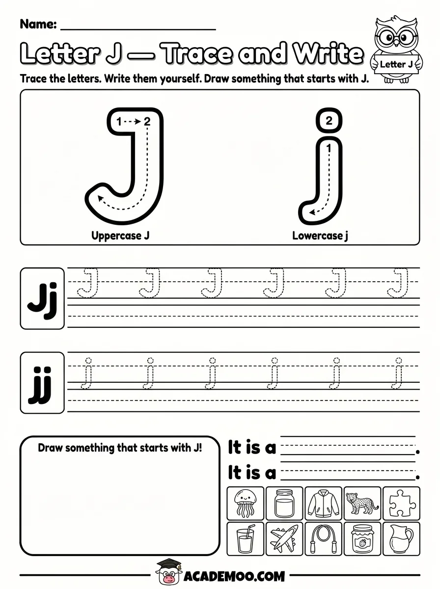 Letter J Trace and Write worksheet — pre-k language arts printable PDF · Free printable letter j trace and write worksheet for Pre-K.