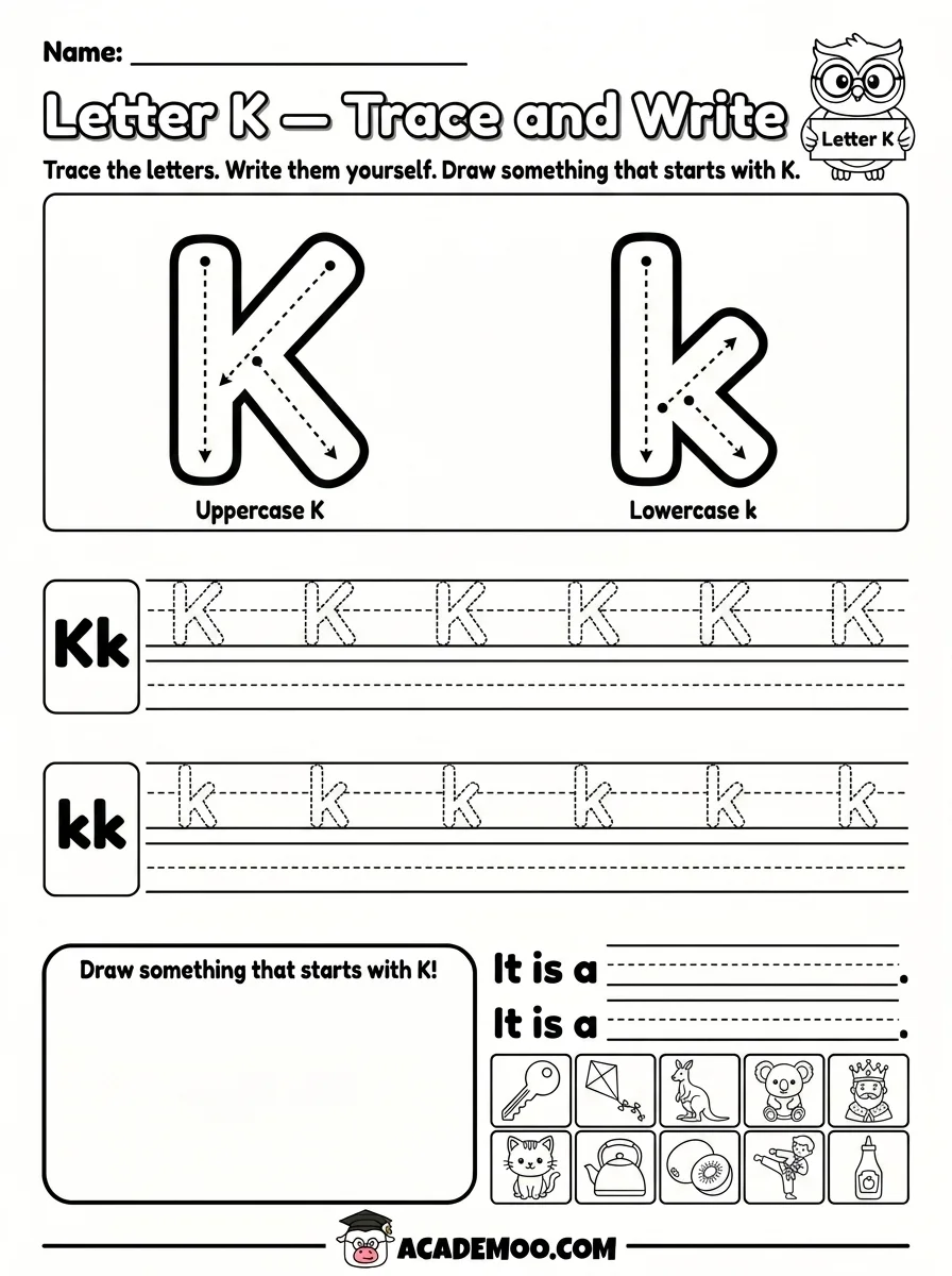 Letter K Trace and Write worksheet — pre-k language arts printable PDF · Free printable letter k trace and write worksheet for Pre-K.