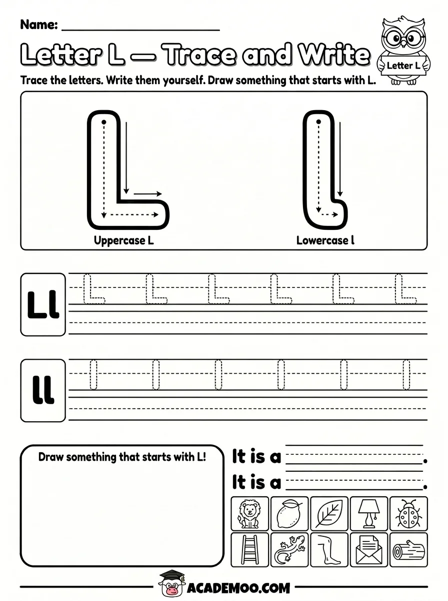 Letter L Trace and Write worksheet — pre-k language arts printable PDF · Free printable letter l trace and write worksheet for Pre-K.