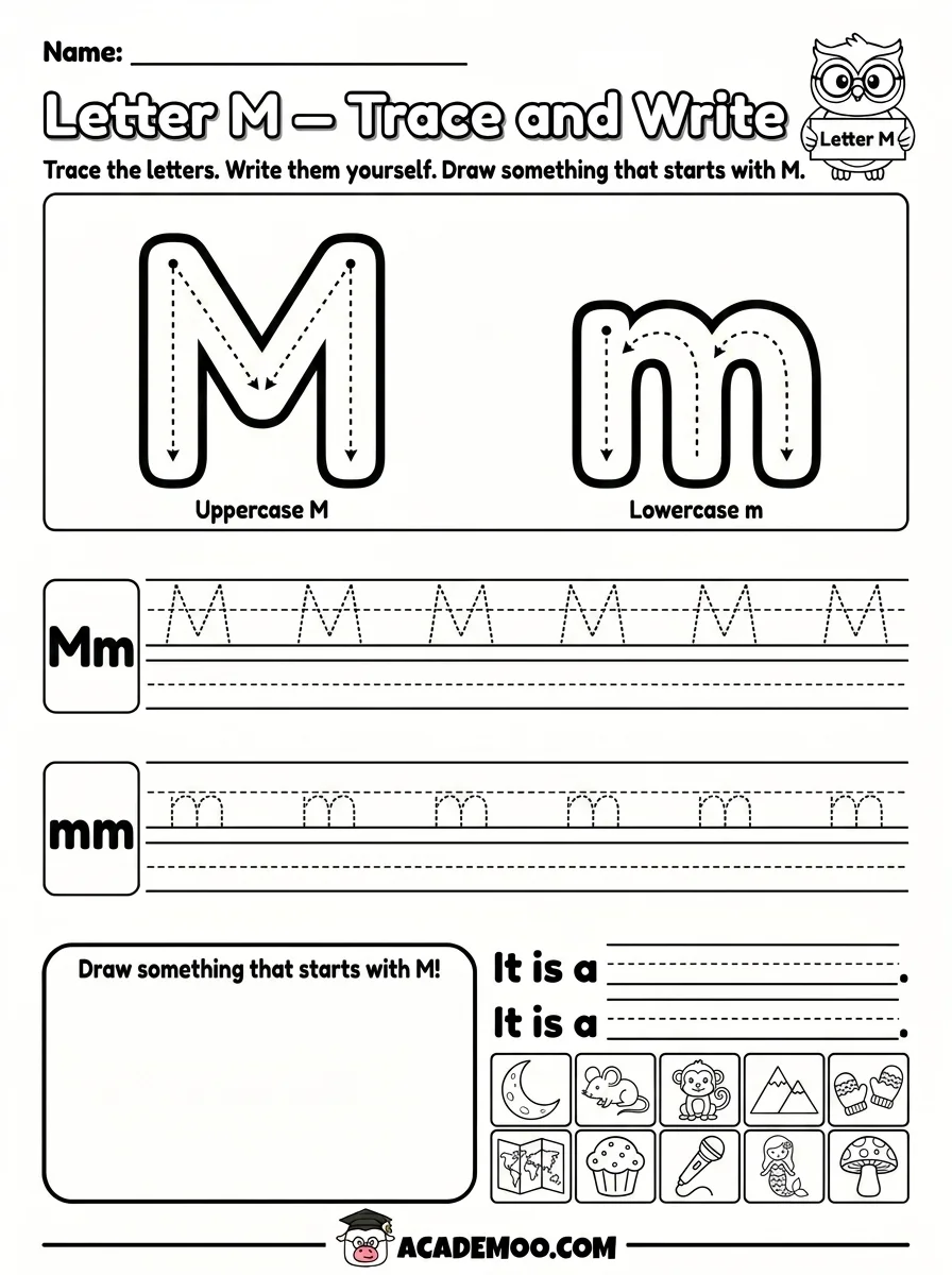 Letter M Trace and Write worksheet — pre-k language arts printable PDF · Free printable letter m trace and write worksheet for Pre-K.