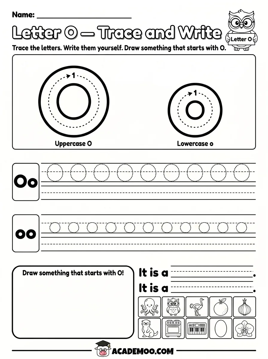 Letter O Trace and Write worksheet — pre-k language arts printable PDF · Free printable letter o trace and write worksheet for Pre-K.