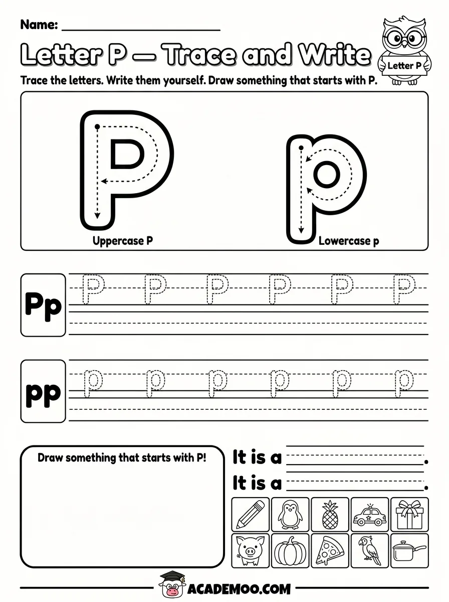 Letter P Trace and Write worksheet — pre-k language arts printable PDF · Free printable letter p trace and write worksheet for Pre-K.