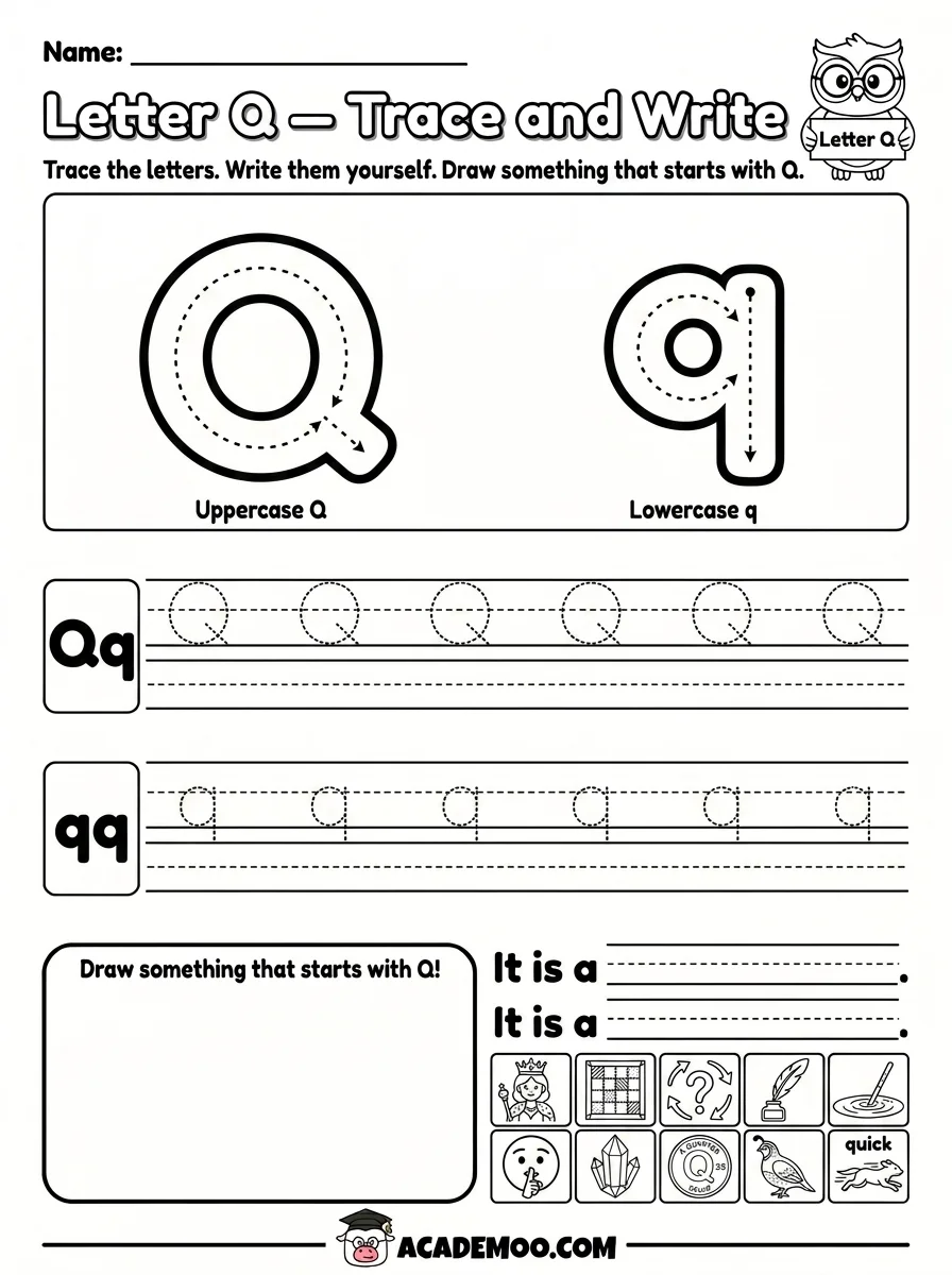 Letter Q Trace and Write worksheet — pre-k language arts printable PDF · Free printable letter q trace and write worksheet for Pre-K.