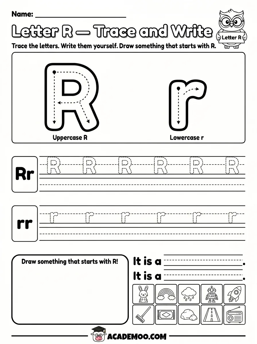 Letter R Trace and Write worksheet — pre-k language arts printable PDF · Free printable letter r trace and write worksheet for Pre-K.