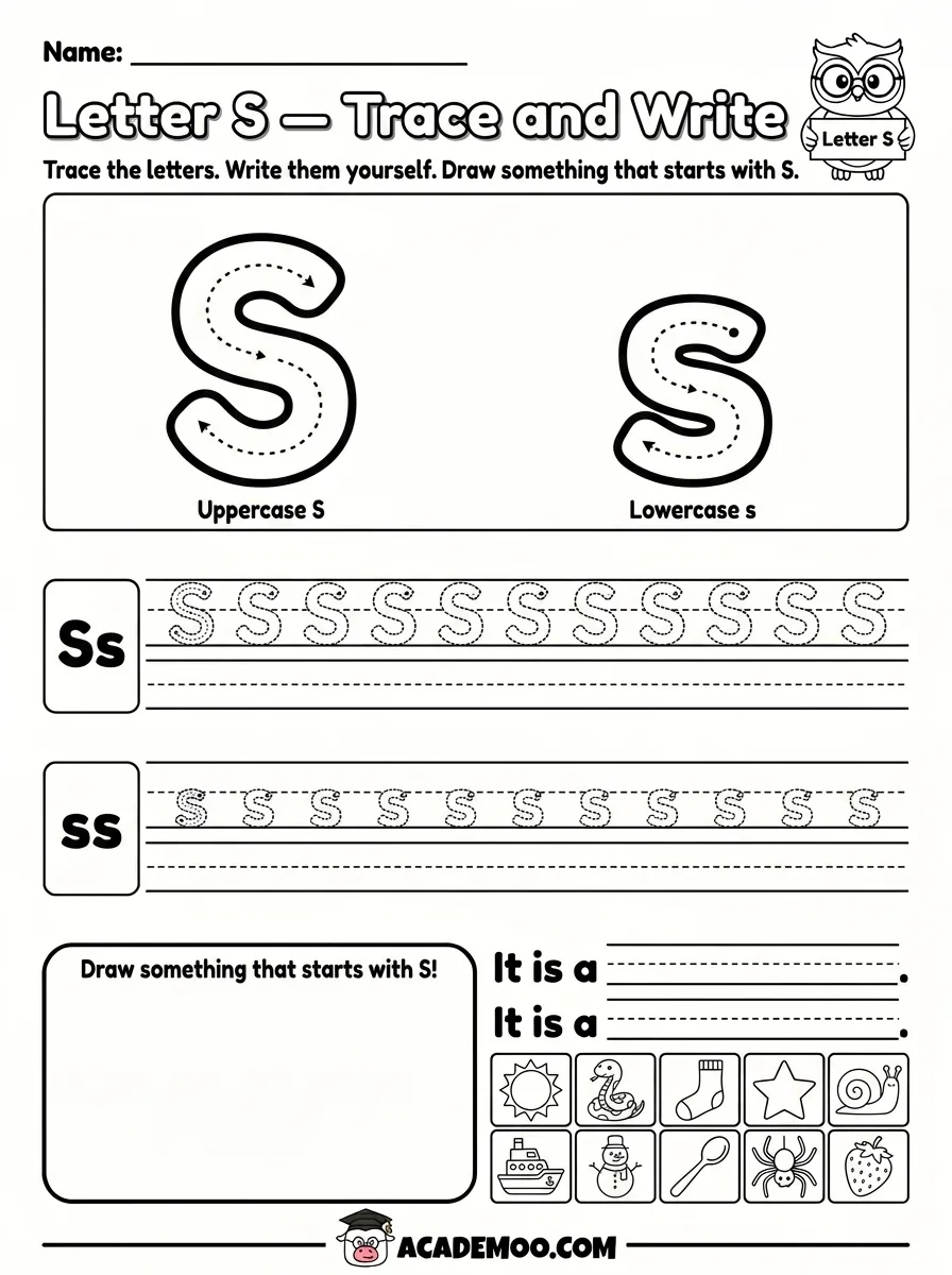 Letter S Trace and Write worksheet — pre-k language arts printable PDF · Free printable letter s trace and write worksheet for Pre-K.