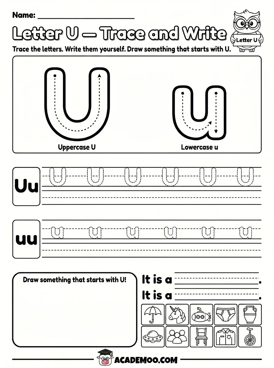 Letter U Trace and Write worksheet — pre-k language arts printable PDF · Free printable letter u trace and write worksheet for Pre-K.