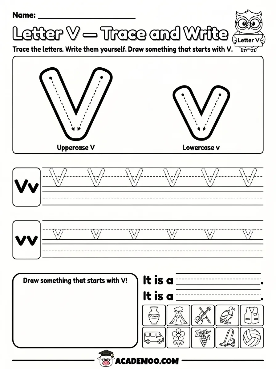 Letter V Trace and Write worksheet — pre-k language arts printable PDF · Free printable letter v trace and write worksheet for Pre-K.