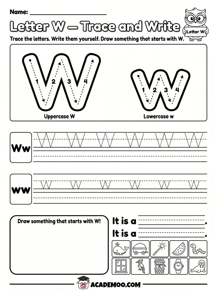 Letter W Trace and Write worksheet — pre-k language arts printable PDF · Free printable letter w trace and write worksheet for Pre-K.