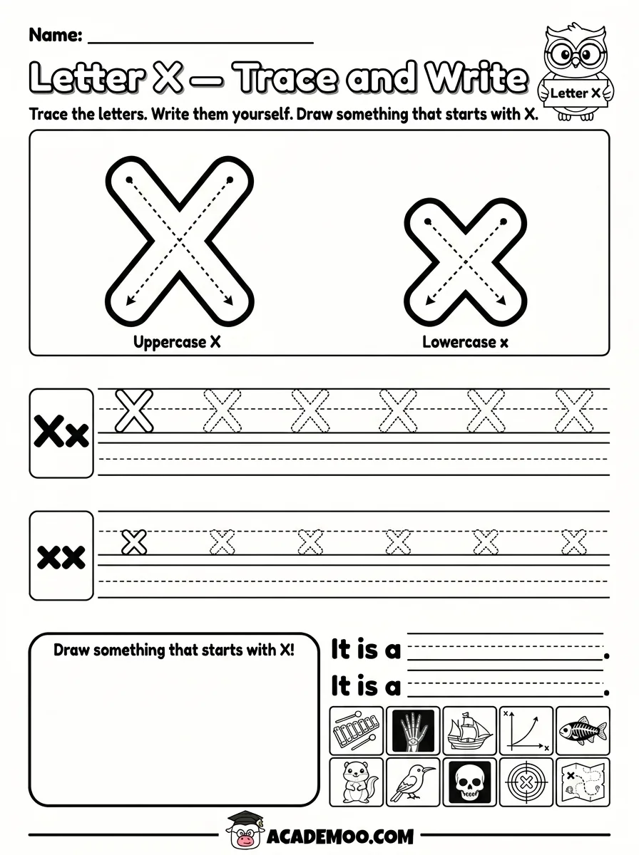 Letter X Trace and Write worksheet — pre-k language arts printable PDF · Free printable letter x trace and write worksheet for Pre-K.