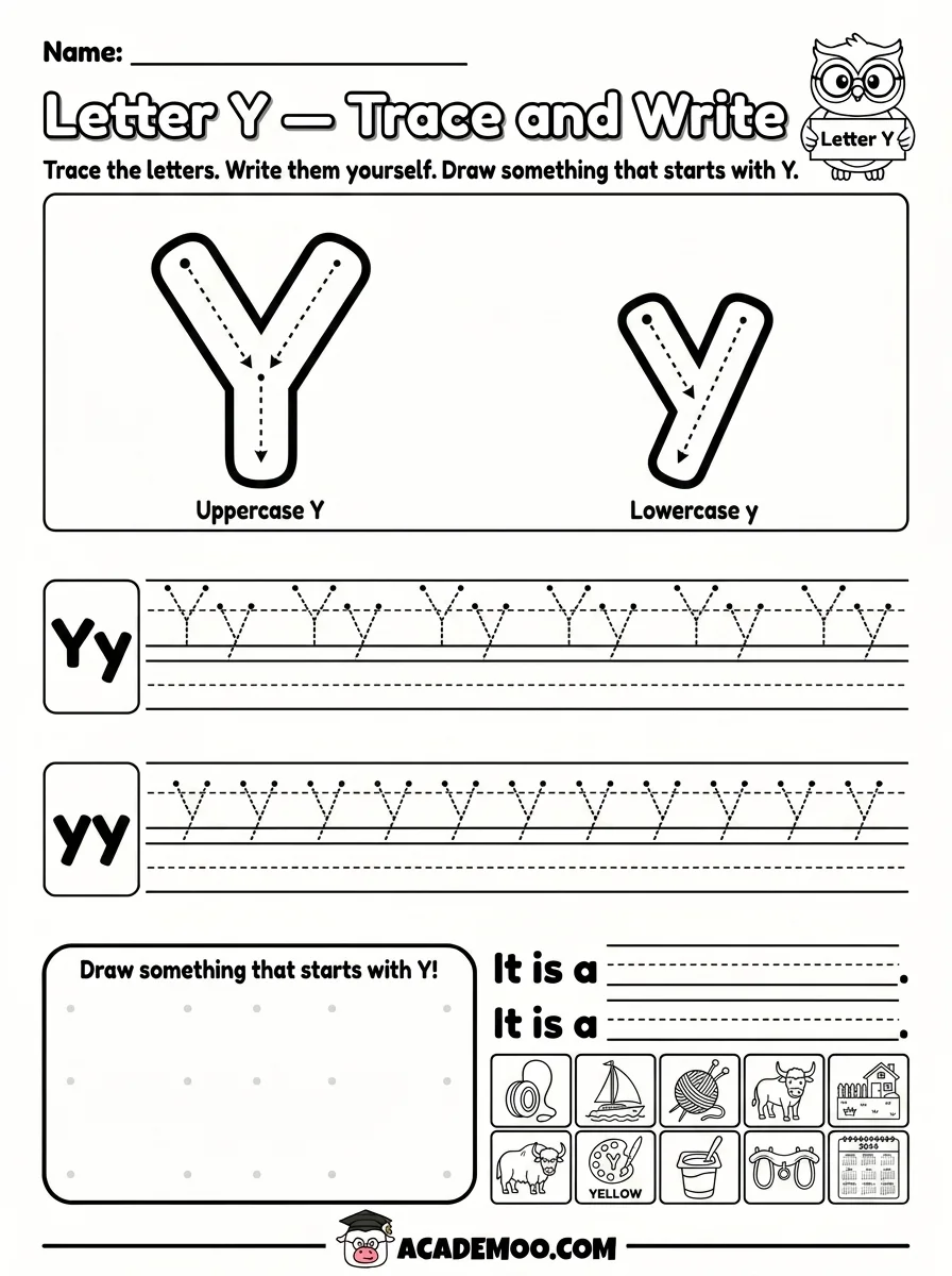 Letter Y Trace and Write worksheet — pre-k language arts printable PDF · Free printable letter y trace and write worksheet for Pre-K.