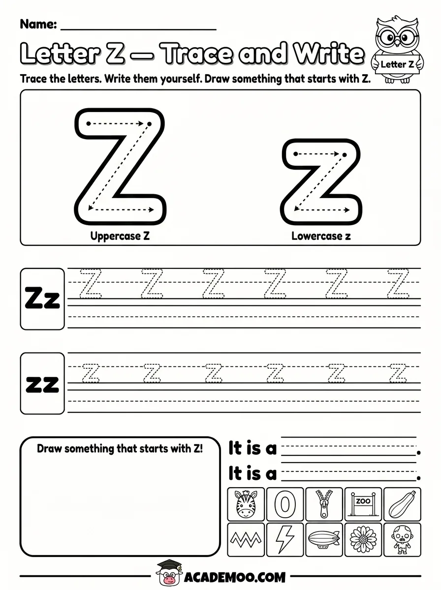 Letter Z Trace and Write worksheet — pre-k language arts printable PDF · Free printable letter z trace and write worksheet for Pre-K.