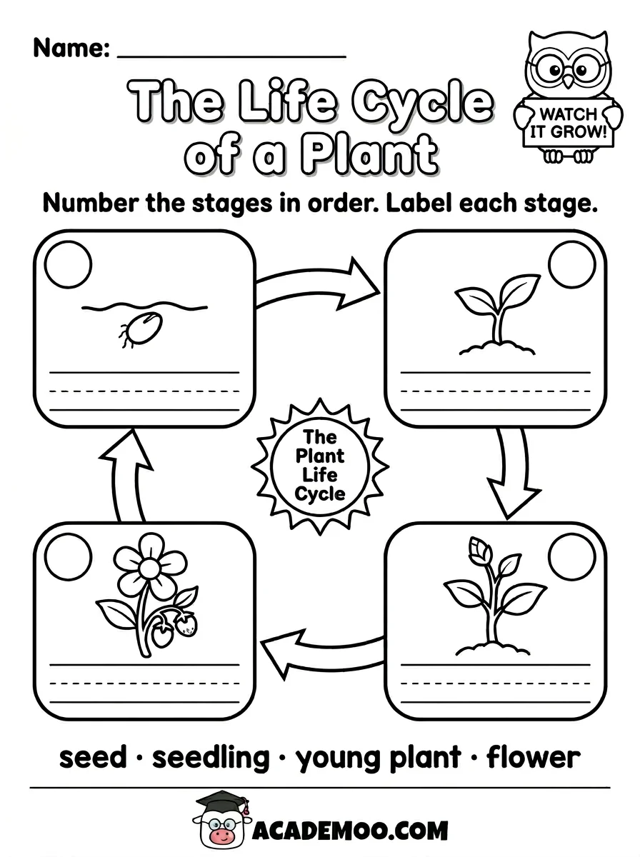 Life Cycle of a Plant worksheet — 1st grade science printable PDF · Free printable life cycle of a plant worksheet for 1st Grade.
