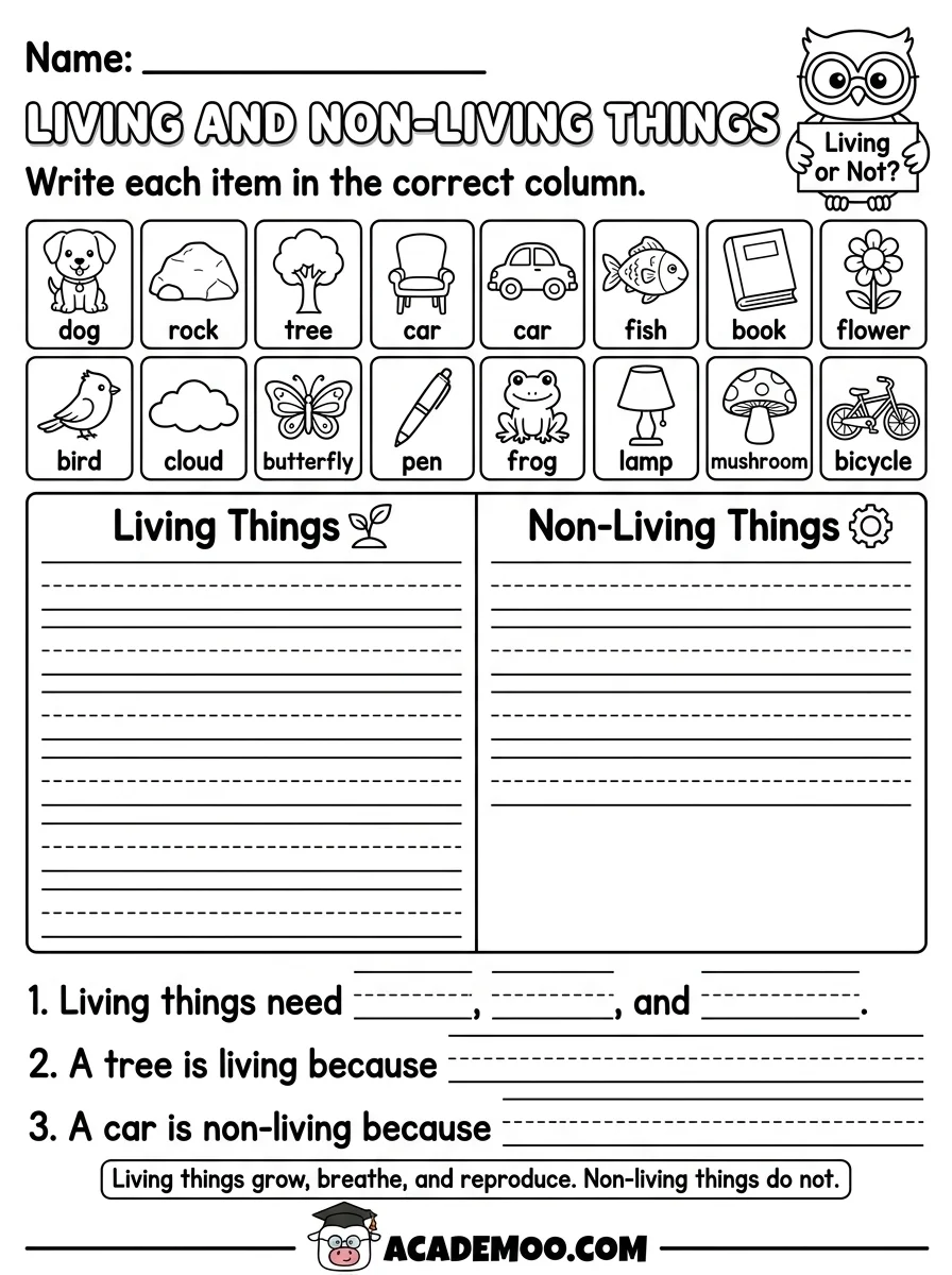 Living and Non-Living Things worksheet — kindergarten science printable PDF · Free printable living and non-living things worksheet for Kindergarten.