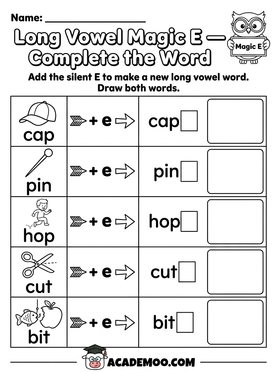 Long Vowel Magic E Complete the Word worksheet — 1st grade language arts printable PDF · Free printable long vowel magic e complete the word worksheet for 1st Grade.