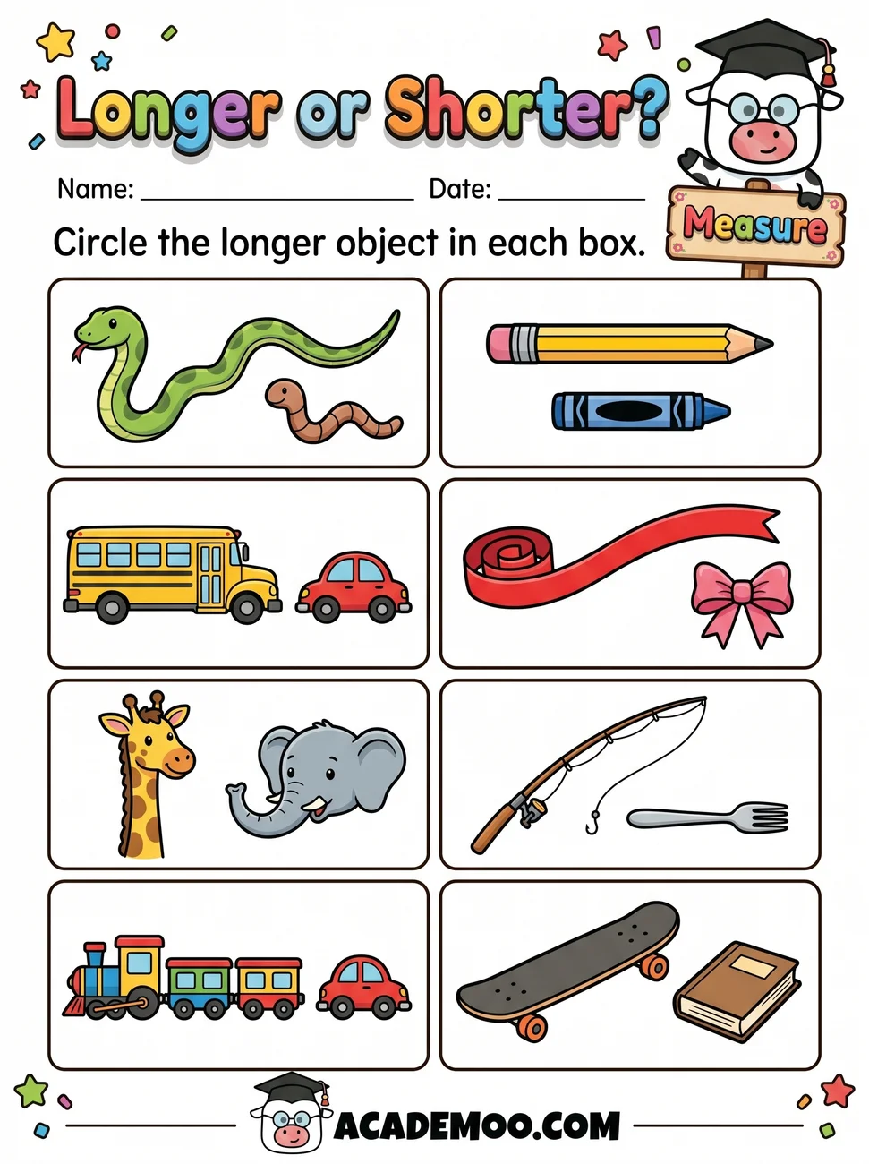 Longer or Shorter worksheet — pre-k math printable PDF · Free printable longer or shorter worksheet for Pre-K.