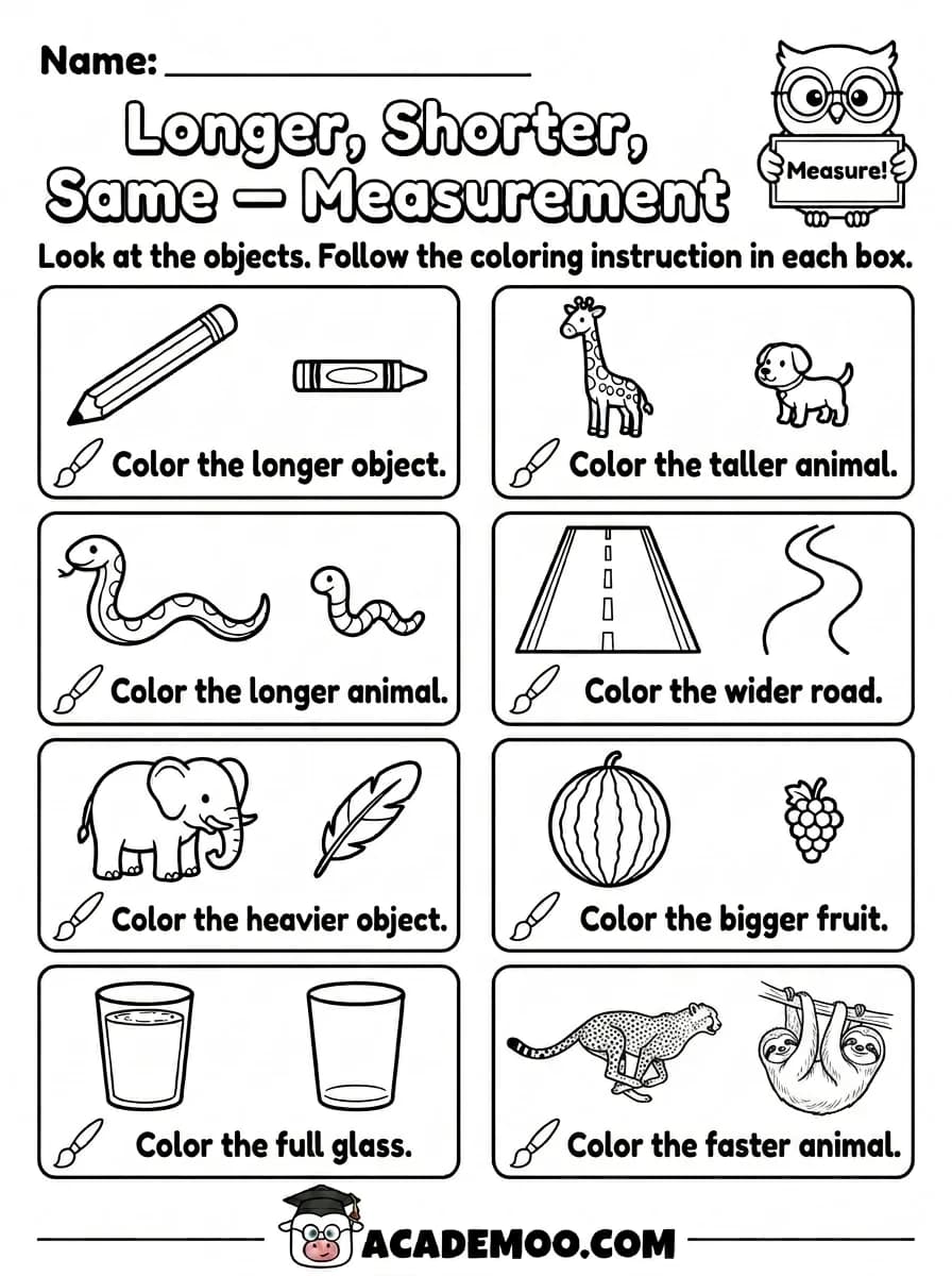 Longer Shorter Same Measurement worksheet — kindergarten math printable PDF · Free printable longer shorter same measurement worksheet for Kindergarten.