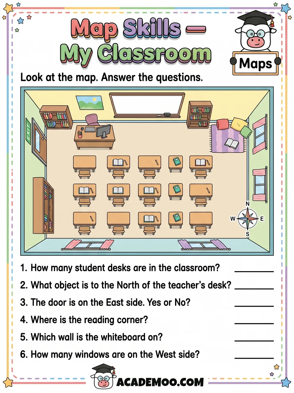 Map Skills My Classroom worksheet — 1st grade language arts printable PDF · Free printable map skills my classroom worksheet for 1st Grade.