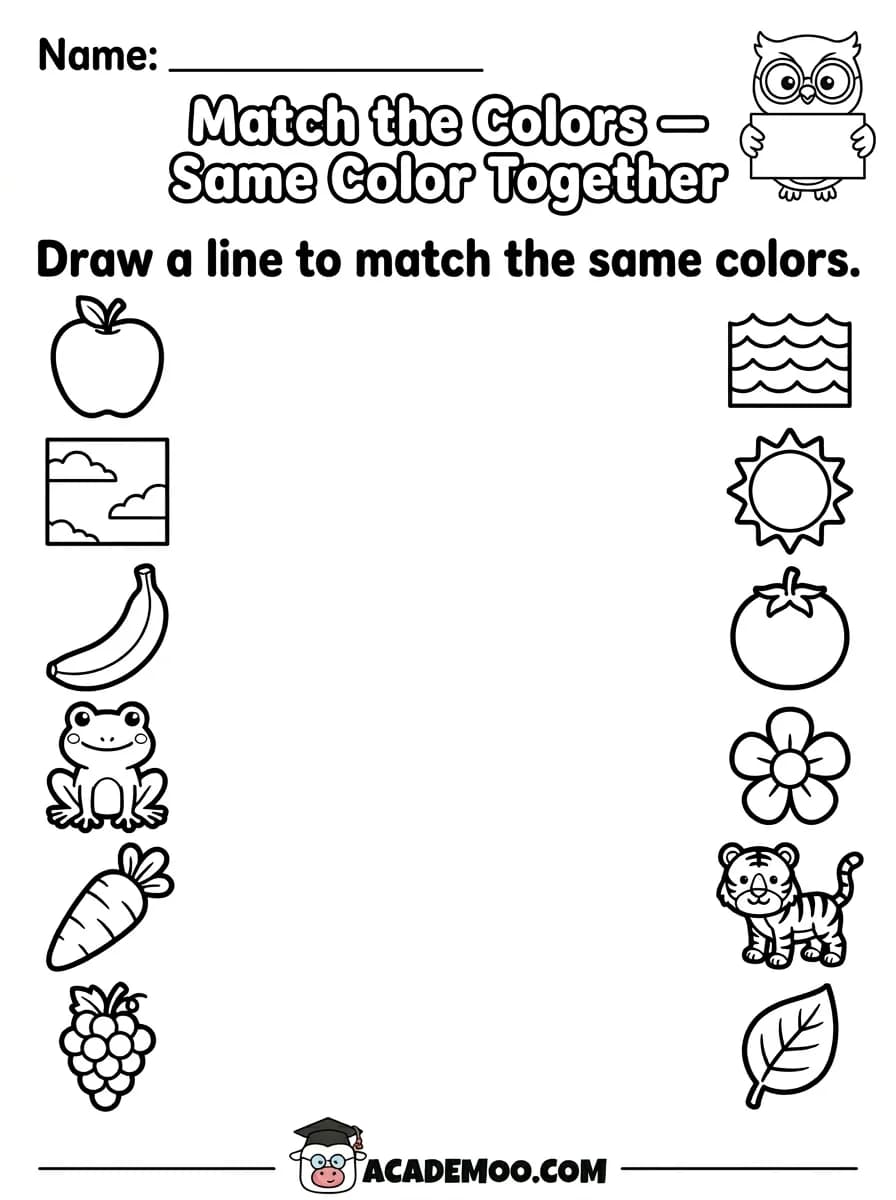Match the Colors worksheet — pre-k math printable PDF · Free printable match the colors worksheet for Pre-K.