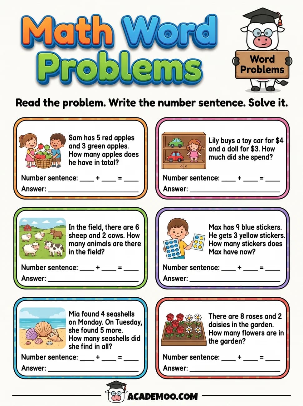 Math Word Problems worksheet — 1st grade math printable PDF · Free printable math word problems worksheet for 1st Grade.