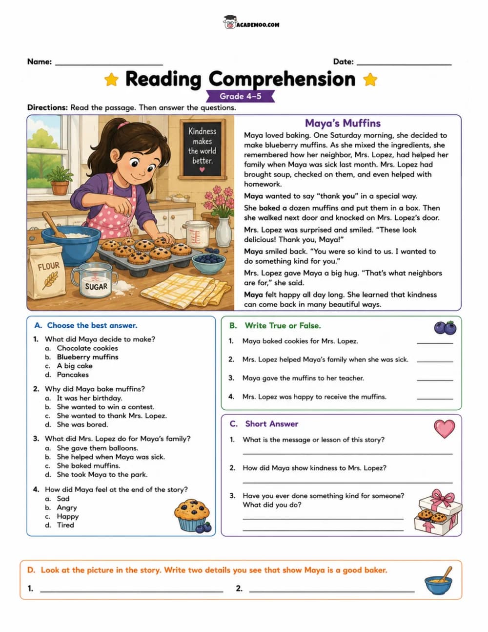 Maya's Muffins worksheet — 5th grade language arts printable PDF · Printable Maya's Muffins reading comprehension worksheet for 5th Grade.