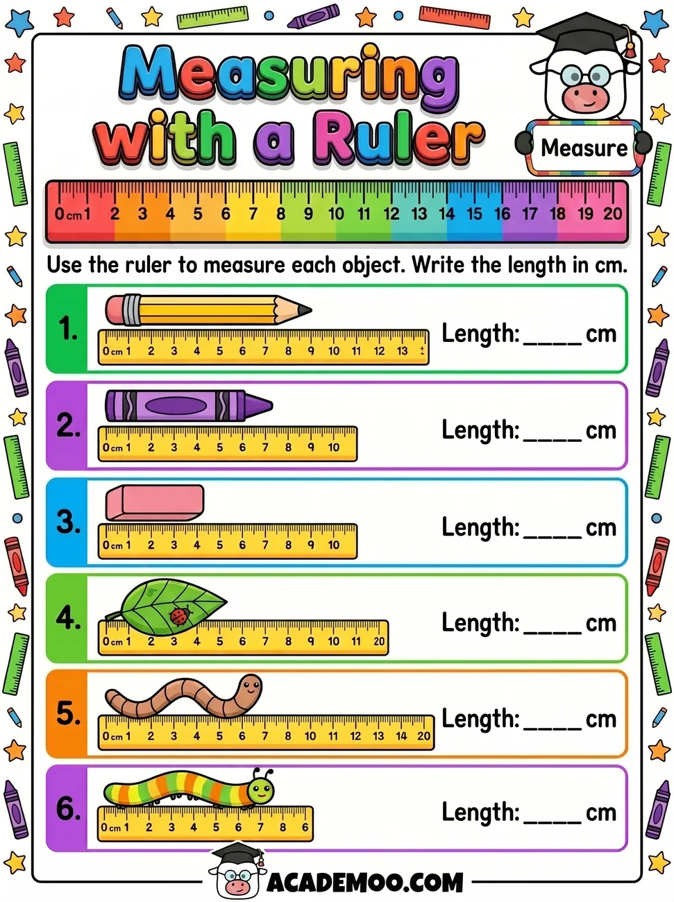 Measuring with a Ruler worksheet — 1st grade math printable PDF · Free printable measuring with a ruler worksheet for 1st Grade.