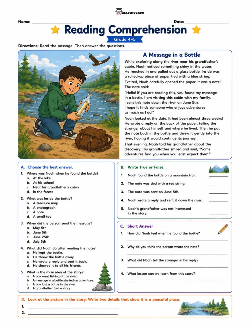 A Message in a Bottle worksheet — 5th grade language arts printable PDF · Printable A Message in a Bottle reading comprehension worksheet for 5th Grade.