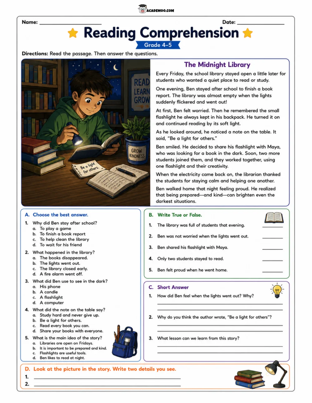 The Midnight Library worksheet — 5th grade language arts printable PDF · Printable The Midnight Library reading comprehension worksheet for 5th Grade.