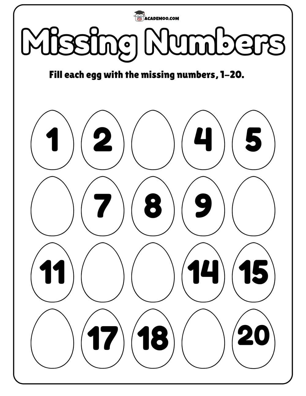Missing Numbers 1-20 worksheet — kindergarten math printable PDF · Printable missing numbers 1-20 worksheet for Kindergarten.