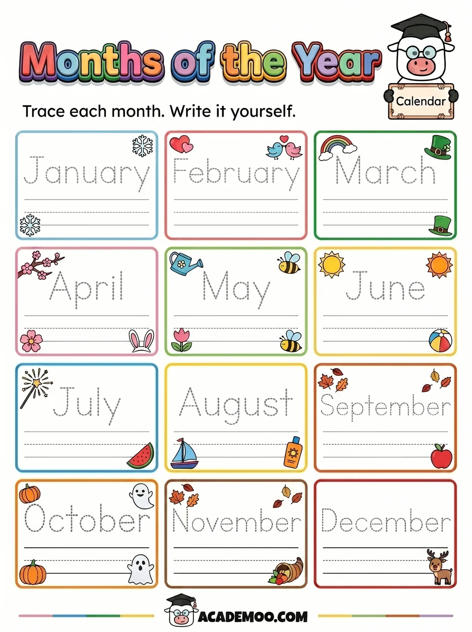 Months of the Year Trace and Write worksheet — kindergarten language arts printable PDF · Free printable months of the year trace and write worksheet for Kindergarten.