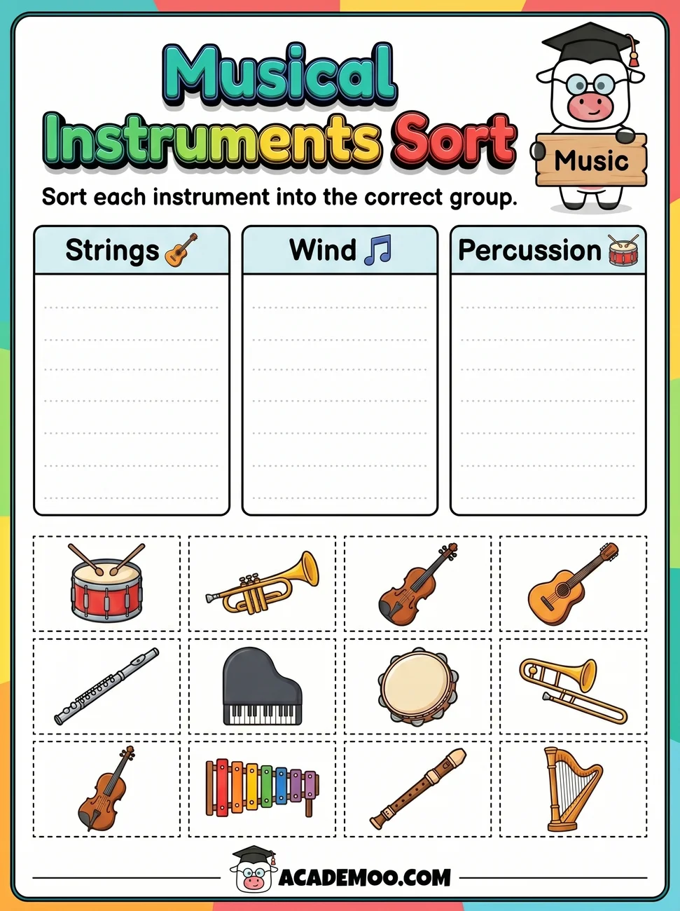 Musical Instruments Sort worksheet — kindergarten language arts printable PDF · Free printable musical instruments sort worksheet for Kindergarten.