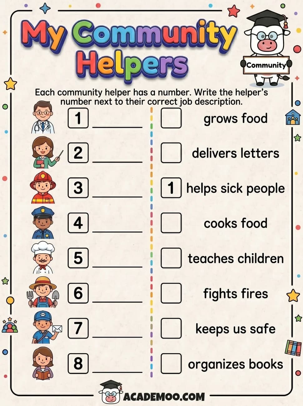 My Community Helpers worksheet — kindergarten language arts printable PDF · Free printable my community helpers worksheet for Kindergarten.