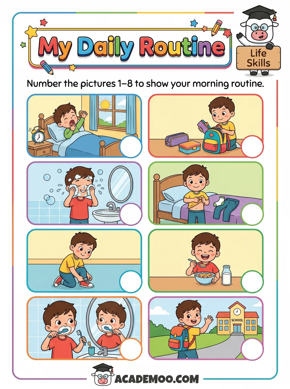 My Daily Routine Sequencing worksheet — pre-k language arts printable PDF · Free printable my daily routine sequencing worksheet for Pre-K.