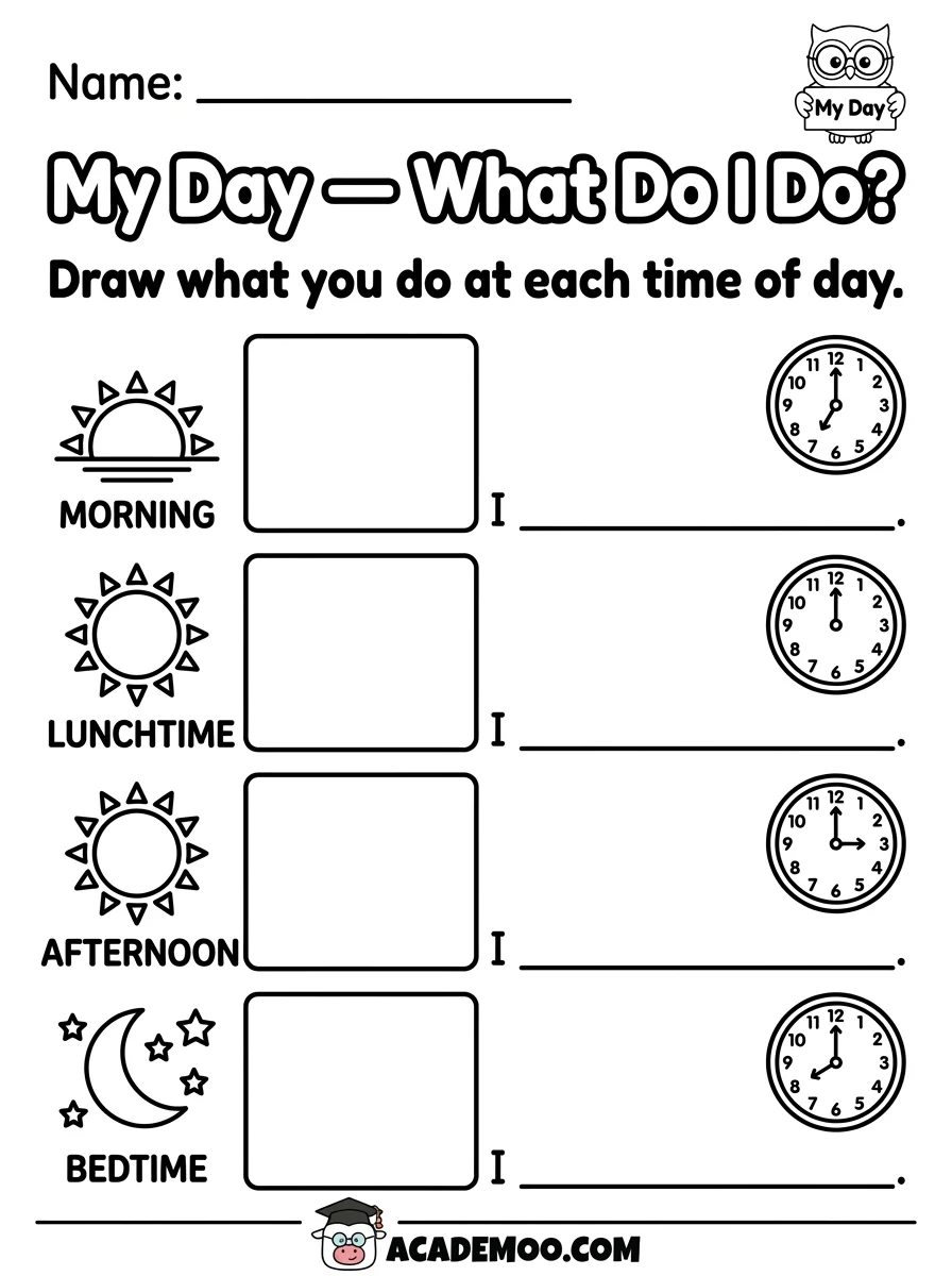 My Day What Do I Do worksheet — pre-k language arts printable PDF · Free printable My Day What Do I Do worksheet for Pre-K.