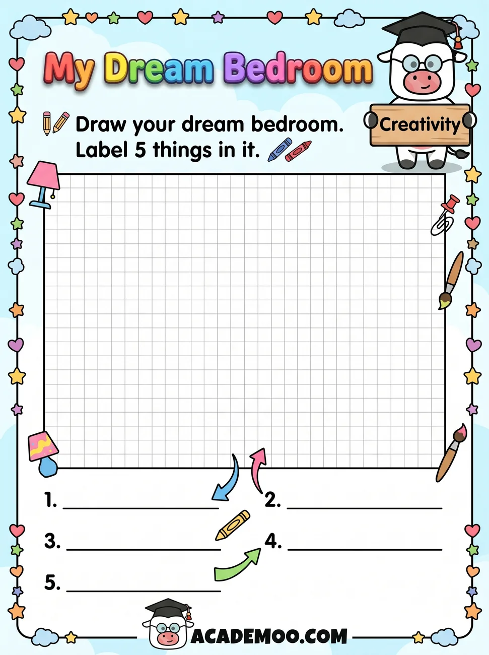 My Dream Bedroom worksheet — kindergarten language arts printable PDF · Free printable my dream bedroom worksheet for Kindergarten.