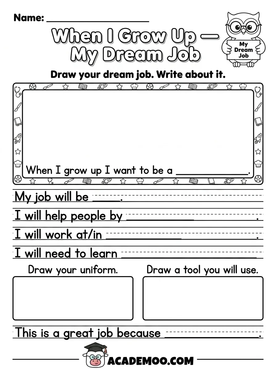 My Dream Job worksheet — kindergarten language arts printable PDF · Free printable my dream job worksheet for Kindergarten.