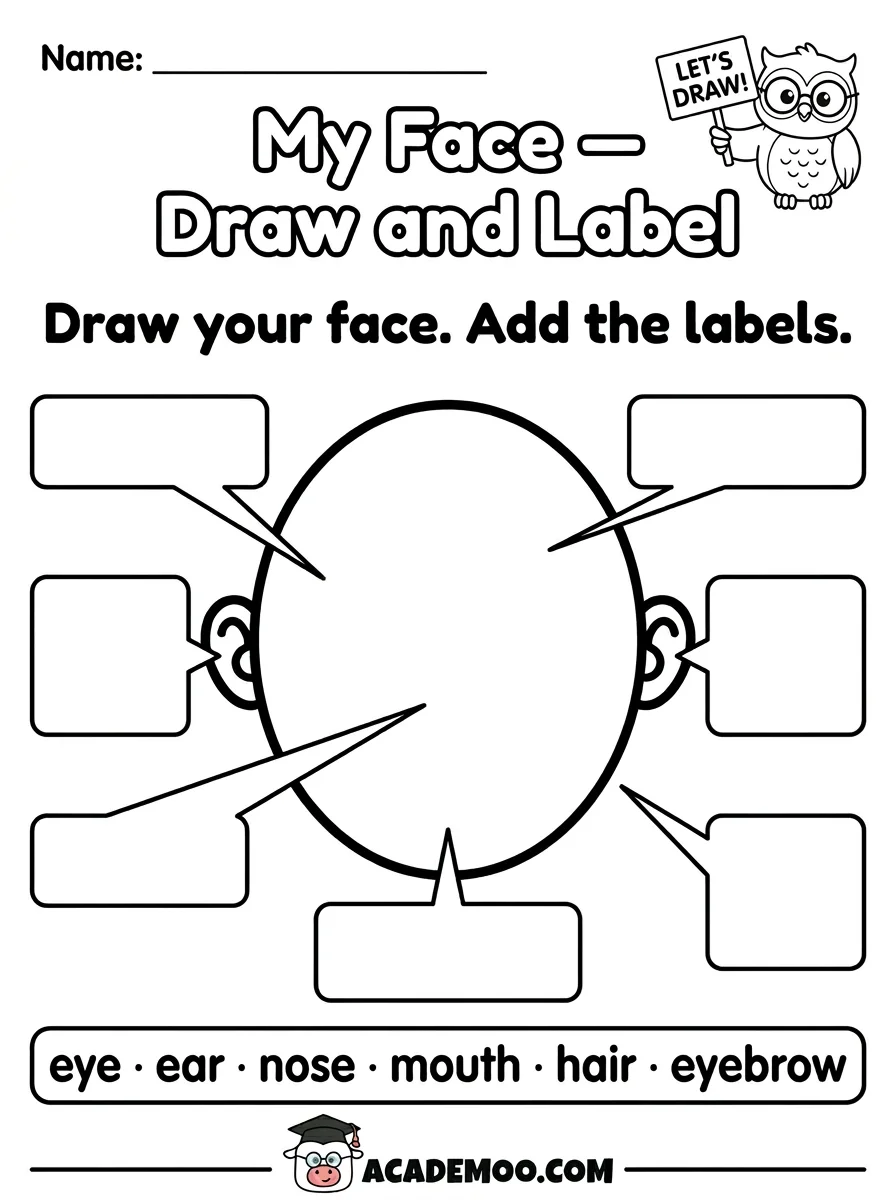 My Face Draw and Label worksheet — pre-k language arts printable PDF · Free printable My Face Draw and Label worksheet for Pre-K.