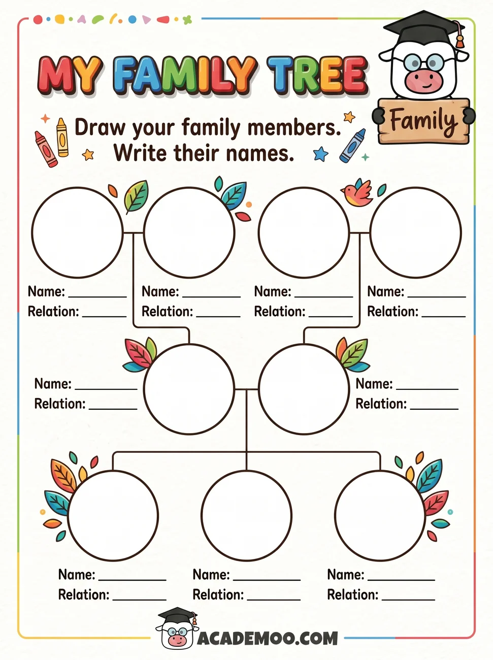 My Family Tree worksheet — kindergarten language arts printable PDF · Free printable my family tree worksheet for Kindergarten.