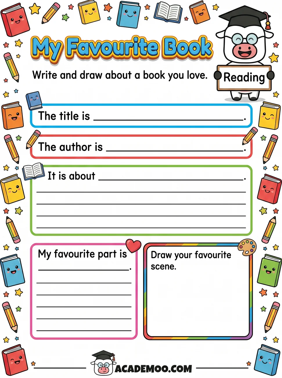 My Favorite Book worksheet — 1st grade language arts printable PDF · Free printable my favorite book worksheet for 1st Grade.