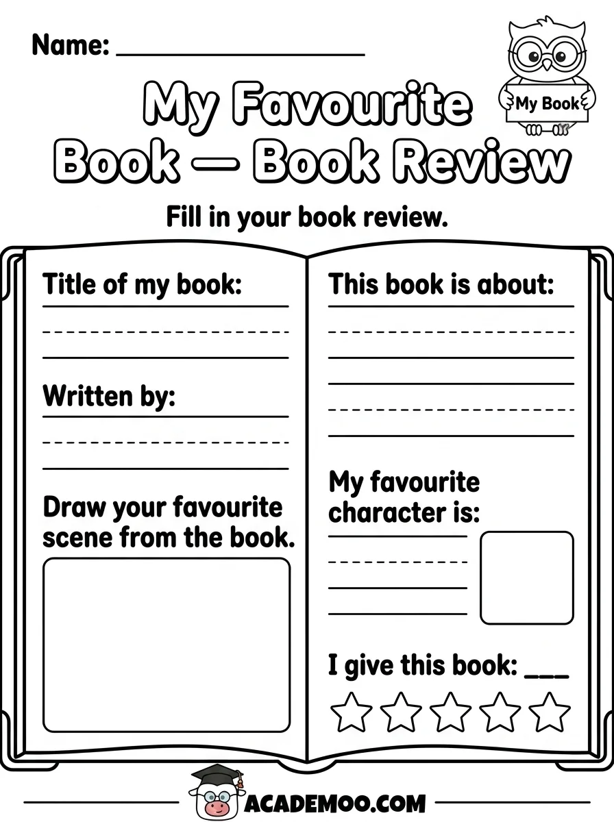 My Favorite Book Review worksheet — 1st grade language arts printable PDF · Free printable my favorite book review worksheet for 1st Grade.
