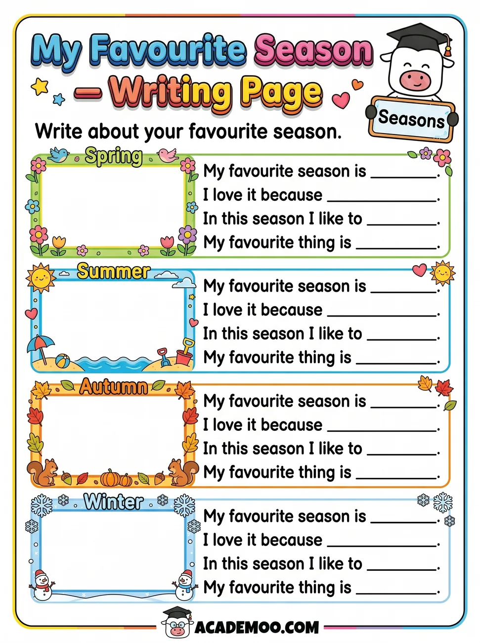 My Favorite Season Writing Page worksheet — 1st grade language arts printable PDF · Free printable my favorite season writing page worksheet for 1st Grade.