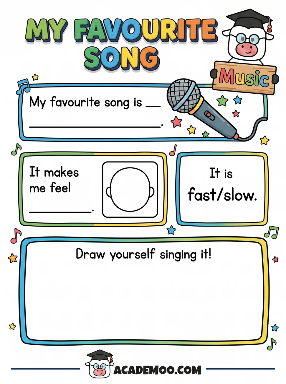 My Favorite Song worksheet — pre-k language arts printable PDF · Free printable my favorite song worksheet for Pre-K.