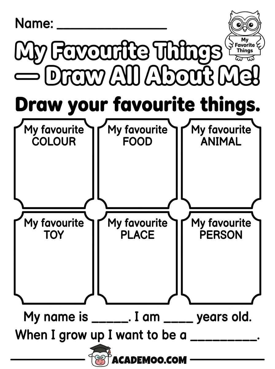 My Favorite Things Draw All About Me worksheet — pre-k language arts printable PDF · Free printable My Favorite Things Draw All About Me worksheet for Pre-K.