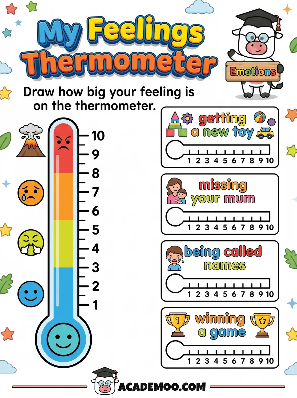 My Feelings Thermometer worksheet — 1st grade language arts printable PDF · Free printable my feelings thermometer worksheet for 1st Grade.