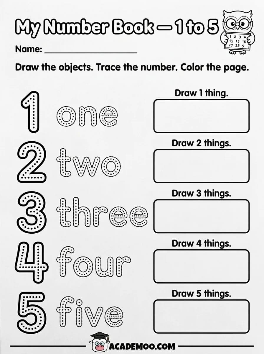My Number Book 1 to 5 worksheet — pre-k math printable PDF · Free printable my number book 1 to 5 worksheet for Pre-K.