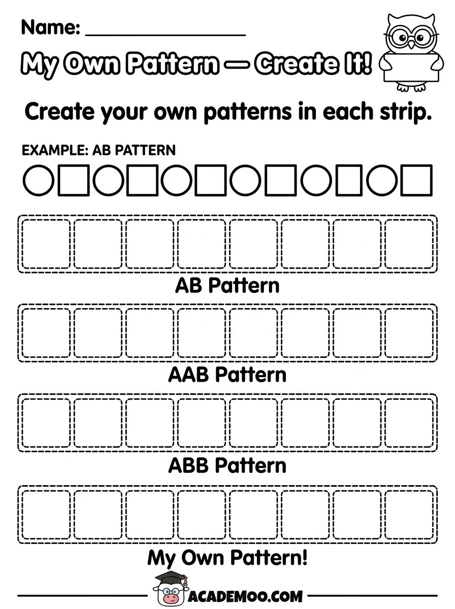 My Own Pattern Create It worksheet — pre-k math printable PDF · Free printable My Own Pattern Create It worksheet for Pre-K.