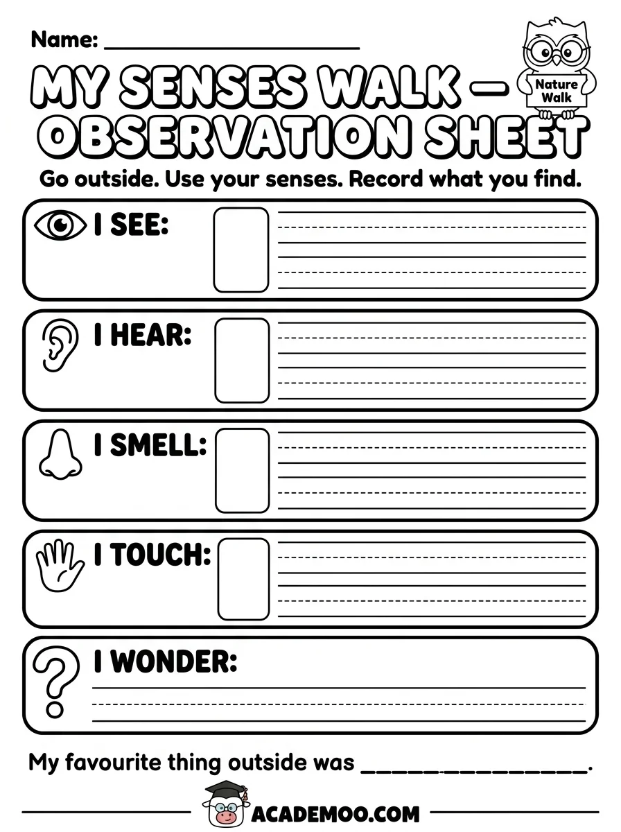 My Senses Walk Observation Sheet worksheet — kindergarten science printable PDF · Free printable my senses walk observation sheet worksheet for Kindergarten.